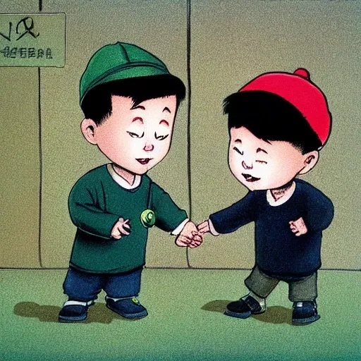 , cartoon,  two chinese boys, big eyes, hand in hand,one have a green hat,one naked