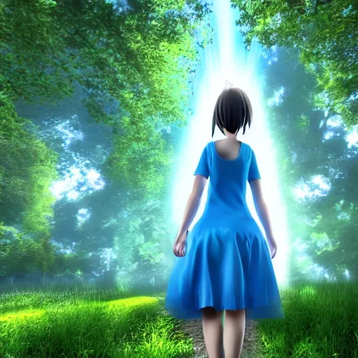 3D Anime Rendering 
Particle Light Effect Light Tracing Engine  A girl with blue dress  in the forest
, , Cartoon