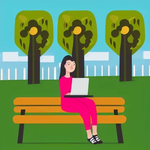 A woman in yellow clothes sitting on a park wooden chair, a computer, illustration, flat design, a few green leaves in the background, two trees, a street lamp, a cup of coffee on the chair, gradient to light green background