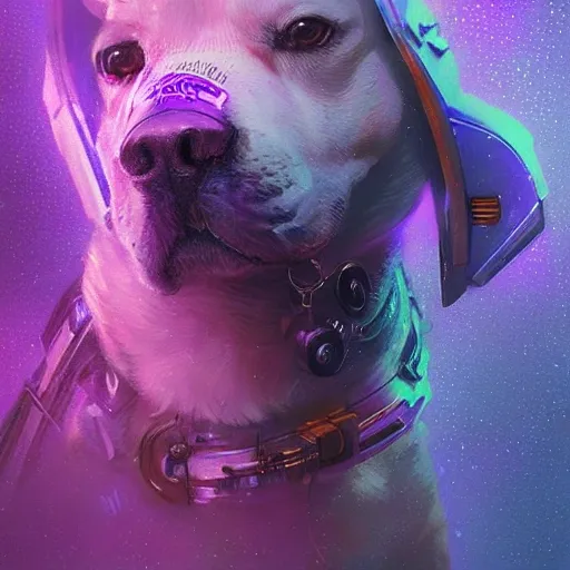 a beautiful portrait of a cute cyberpunk dog by greg rutkowski and wlop, purple blue color scheme, high key lighting, digital art, highly detailed, fine detail, intricate, ornate, complex