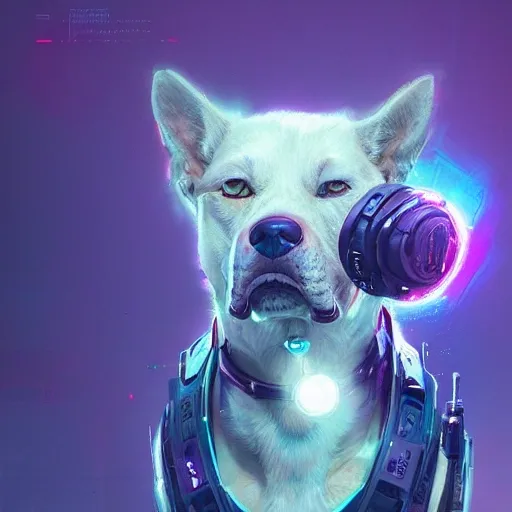 a beautiful portrait of a cute cyberpunk dog by greg rutkowski and wlop, purple blue color scheme, high key lighting, digital art, highly detailed, fine detail, intricate, ornate, complex