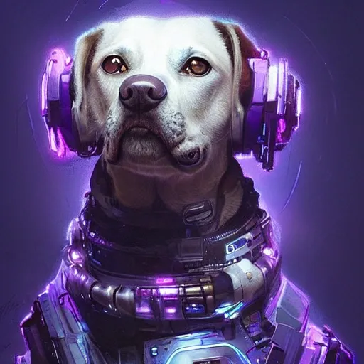 a beautiful portrait of a cute cyberpunk dog by greg rutkowski and wlop, purple blue color scheme, high key lighting, digital art, highly detailed, fine detail, intricate, ornate, complex, 3D