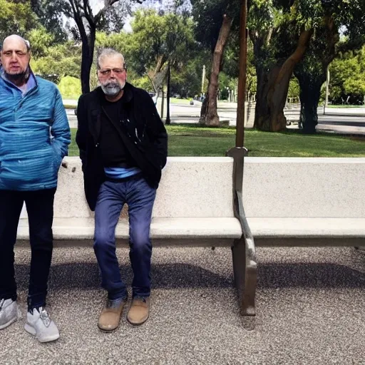 Haz una foto de lejos a dos hombres de avanzada edad, con bastón, sentados en el banco de un parque. No ocupan toda la foto. Uno de ellos tiene barba y mira hacia abajo, hacia el suelo, y el otro mira fijamente al señor de barba.