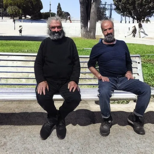 Haz una foto de lejos a dos hombres de avanzada edad, con bastón, sentados en el banco de un parque. Uno de ellos tiene barba y mira hacia abajo, hacia el suelo, y el otro mira fijamente al señor de barba.