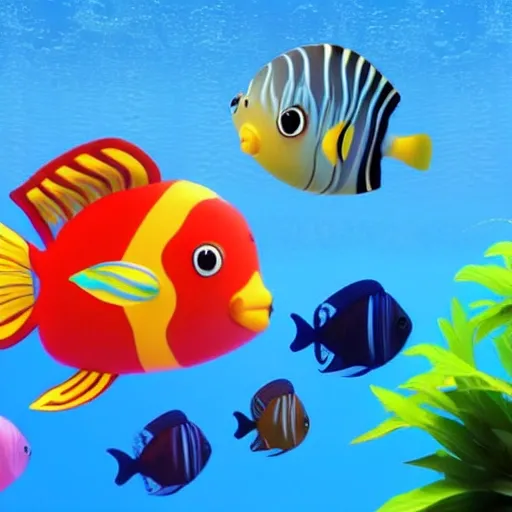 3D render of a cute tropical fish in an aquarium on a dark blue background.
