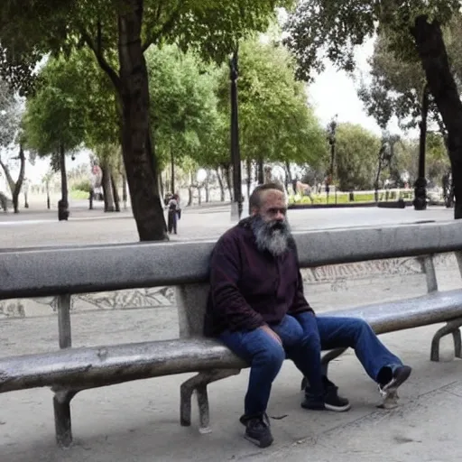 Haz una foto de lejos a dos hombres de avanzada edad, uno de ellos con bastón, sentados en el banco de un parque. Uno de ellos tiene barba y mira hacia el suelo, y el otro mira fijamente al señor de barba.