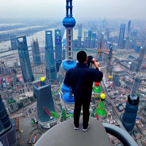 Draw a person standing on the rooftop of the Shanghai Tower. Use a telescope to overlook the Bund in 3D.