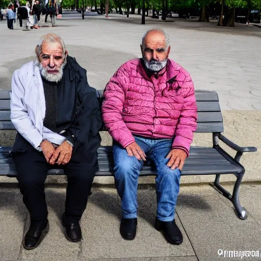 Dos hombres de avanzada edad, uno de ellos con bastón, sentados en el banco de un parque. Uno de ellos tiene barba y mira hacia el suelo, y el otro mira fijamente al señor de barba.