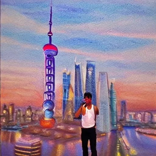 Draw a person standing on the rooftop of the Shanghai Tower. Use a telescope to overlook the Bund, oil painting.