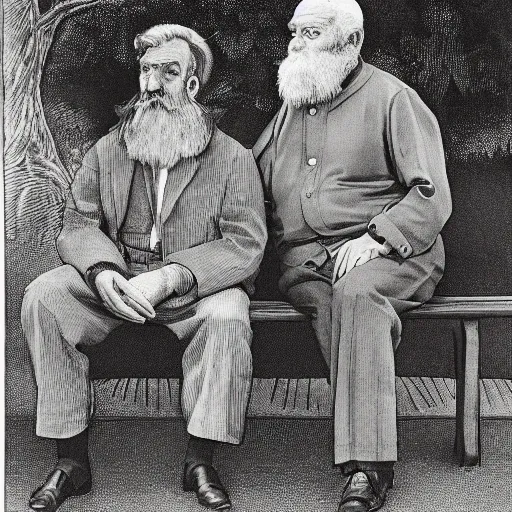 Two elderly men, one of them with a cane, sitting on a park bench. One of them has a beard and looks towards the ground, and the other one stares at the gentleman with the beard.