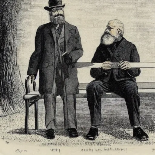 Two elderly men, one of them with a cane, sitting on a park bench. One of them has a beard and looks towards the ground, and the other one stares at the gentleman with the beard. Realistic.