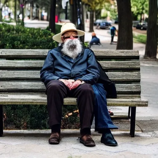 Two elderly men, one of them with a cane, sitting on a park bench. One of them has a beard and looks towards the ground, and the other one stares at the gentleman with the beard. Realistic.