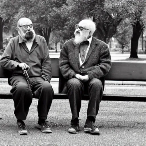 Two elderly men, one of them with a cane, sitting on a park bench. One of them has a beard and looks towards the ground, and the other one stares at the gentleman with the beard. Realistic.