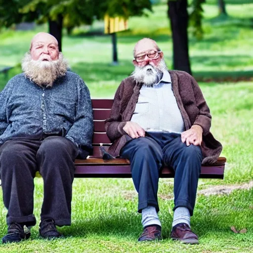 Two elderly men, one of them with a cane, sitting on a park bench. One of them has a beard and looks towards the ground, and the other one stares at the gentleman with the beard. Realistic.