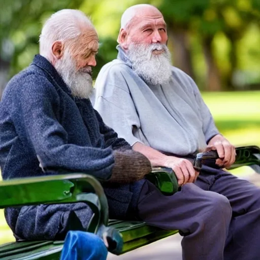 Two elderly men, one of them with a cane, sitting on a park bench. One of them has a beard and looks towards the ground, and the other one stares at the gentleman with the beard. Realistic.