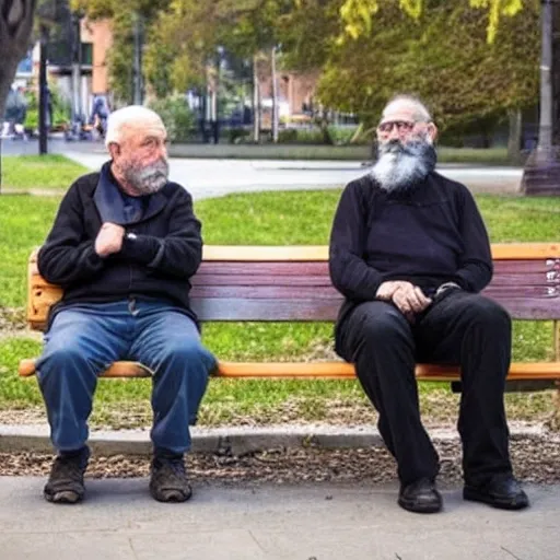 Two elderly men, one of them with a cane, sitting on a park bench. One of them has a beard and looks towards the ground, and the other one stares at the gentleman with the beard. Realistic.