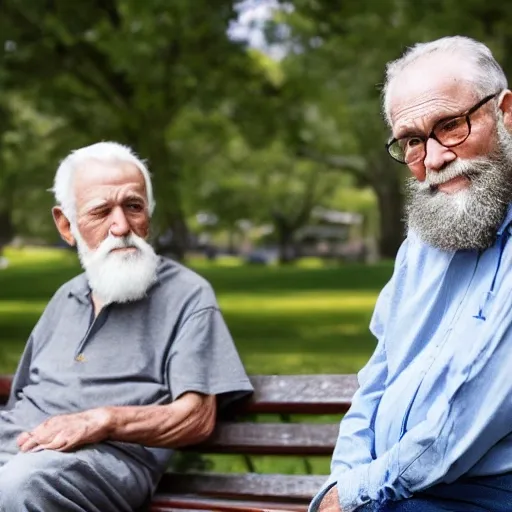 Landscape format photo of two elderly men, one of them with a cane, sitting on a park bench. One of them has a beard and looks towards the ground, and the other one stares at the gentleman with the beard.