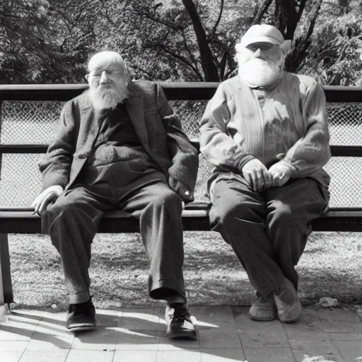 Landscape format photo of two elderly men, one of them with a cane, sitting on a park bench. One of them has a beard and looks towards the ground, and the other one stares at the gentleman with the beard.