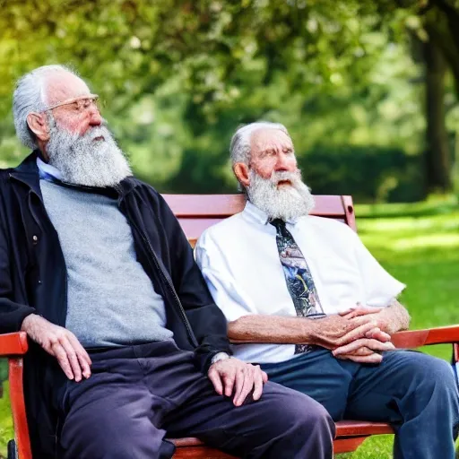 Two elderly men, far, one of them with a cane, sitting on a park bench. One of them has a beard and looks towards the ground, and the other one stares at the gentleman with the beard.