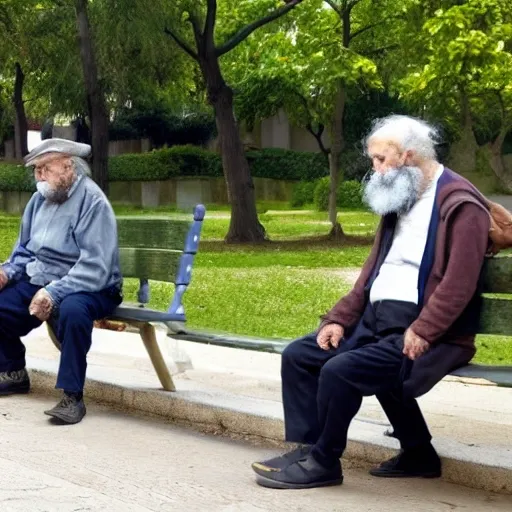 Two elderly spanish men, far, one of them with a cane, sitting on a park bench. One of them has a beard and looks towards the ground, and the other one stares at the gentleman with the beard.