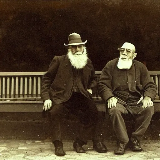 Faraway picture of 
Two elderly spanish men, one of them with a cane, sitting on a park bench. One of them has a beard and looks towards the ground, and the other one stares at the gentleman with the beard.