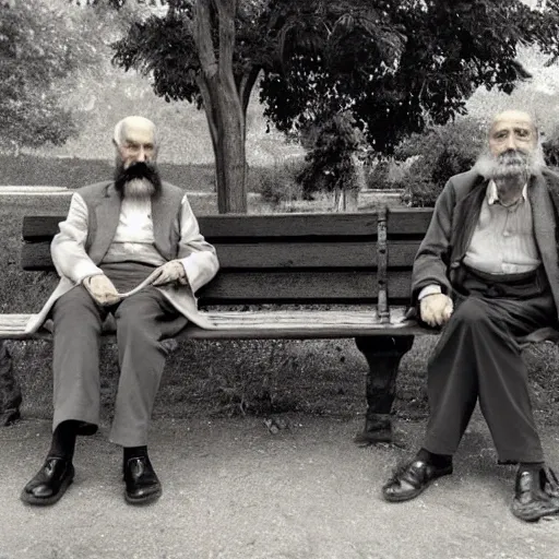 Faraway and realistic photo of 
Two elderly spanish men, one of them with a cane, sitting on a park bench. One of them has a beard and looks towards the ground, and the other one stares at the gentleman with the beard.