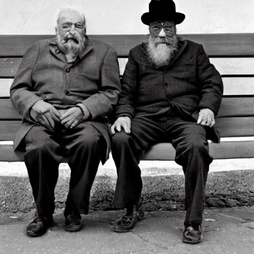 Faraway and realistic photo of 
Two elderly spanish men, one of them with a cane, sitting on a park bench. One of them has a beard and looks towards the ground, and the other one stares at the gentleman with the beard.