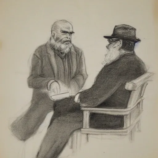 Faraway and realistic photo of 
Two elderly spanish men, one of them with a cane, sitting on a park bench. One of them has a beard and looks towards the ground, and the other one stares at the gentleman with the beard., Pencil Sketch