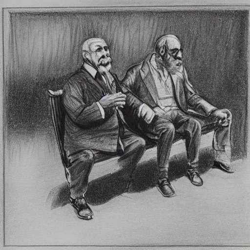 Faraway and realistic photo of 
Two elderly spanish men, one of them with a cane, sitting on a park bench. One of them has a beard and looks towards the ground, and the other one stares at the gentleman with the beard., Pencil Sketch, Cartoon