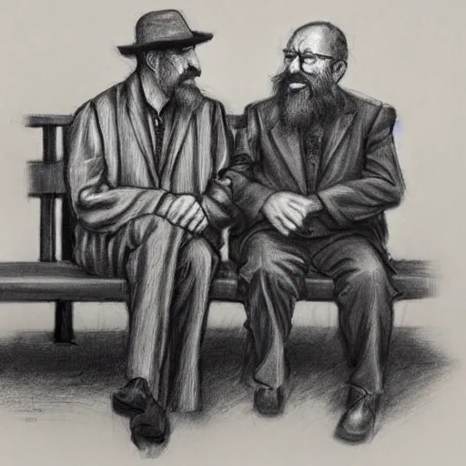 Faraway and realistic photo of 
Two elderly spanish men, one of them with a cane, sitting on a park bench. One of them has a beard and looks towards the ground, and the other one stares at the gentleman with the beard., Pencil Sketch, Cartoon, Trippy