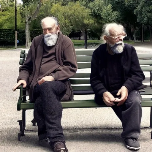 Faraway and realistic photo of 
Two elderly spanish men, one of them with a cane, sitting on a park bench. One of them has a beard and looks towards the ground, and the other one stares at the gentleman with the beard. Trippy