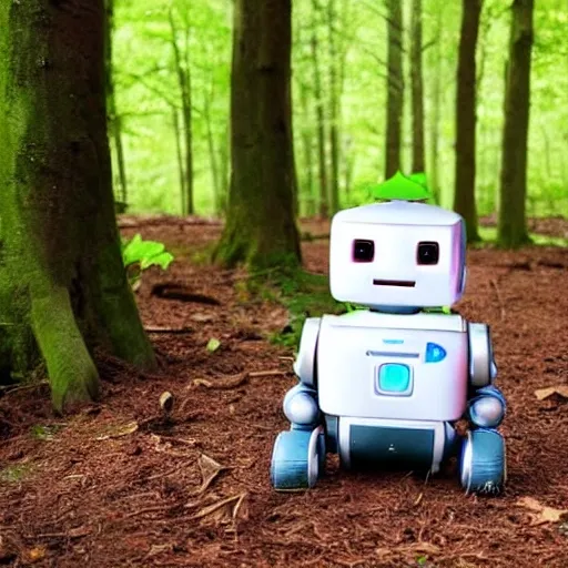 happy robot in a forest