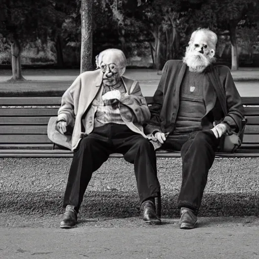 Faraway and realistic photo of 
Two elderly spanish men, one of them with a cane, sitting on a park bench. One of them has a beard and looks towards the ground, and the other one stares at the gentleman with the beard. Trippy