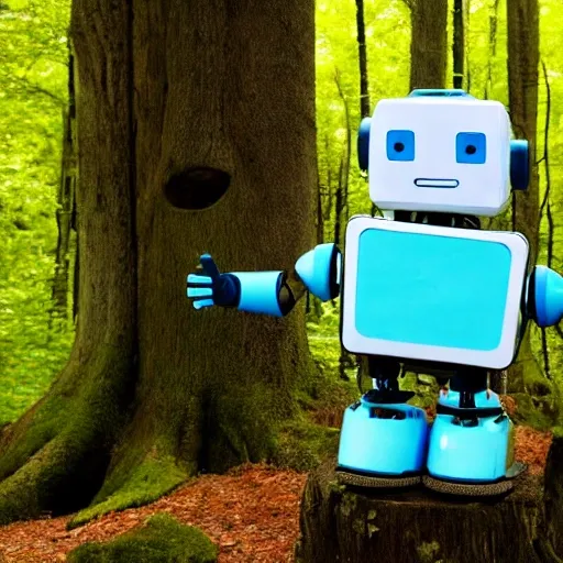 happy robot in a forest, futuristic style