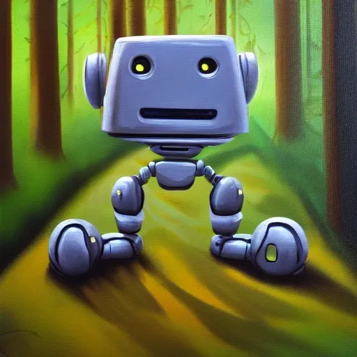 happy robot in a forest, futuristic style, Oil Painting