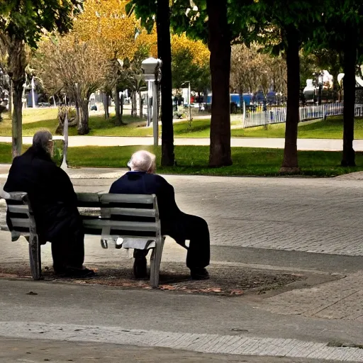 Faraway and realistic photo of 
Two elderly spanish men, one of them with a cane, sitting on a park bench. One of them has a beard and looks towards the ground, and the other one stares at the gentleman with the beard. Trippy