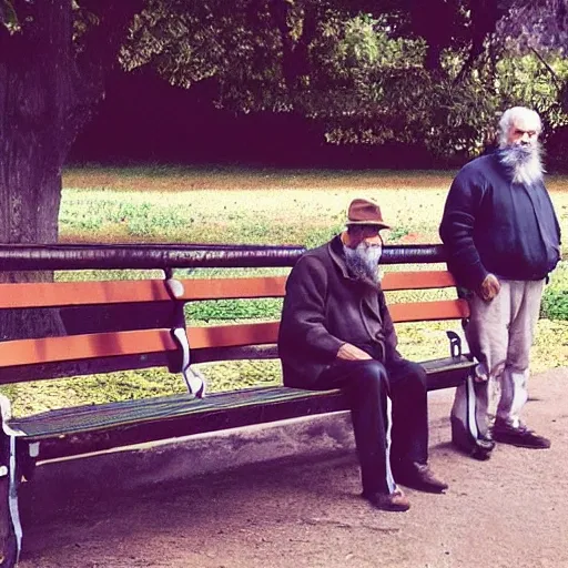 Faraway and realistic photo of 
Two elderly spanish men, one of them with a cane, sitting on a park bench. One of them has a beard and looks towards the ground, and the other one stares at the gentleman with the beard. Trippy