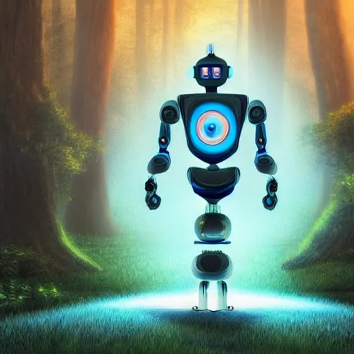 a robot technologically super advanced in a magic forest 