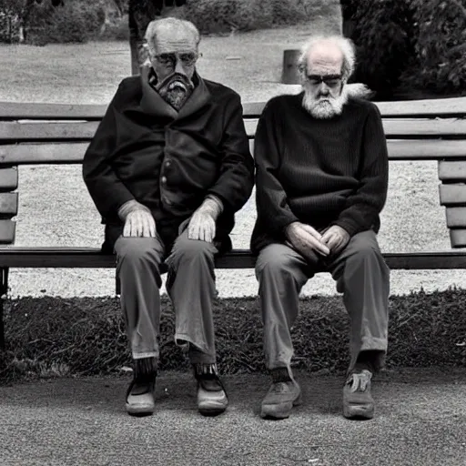 Faraway and realistic photo of 
Two elderly spanish men, one of them with a cane, sitting on a park bench. One of them has a beard and looks towards the ground, and the other one stares at the gentleman with the beard. Trippy