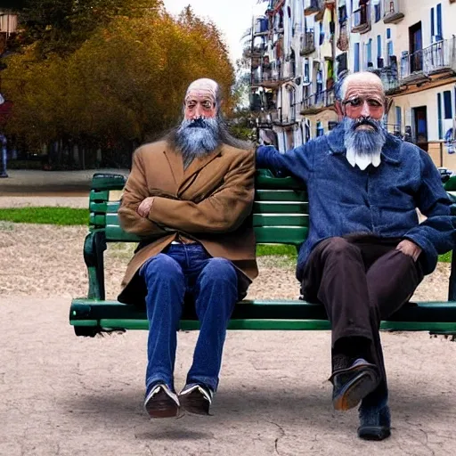 Faraway and realistic photo of 
Two elderly spanish men, one of them with a cane, sitting on a park bench. One of them has a beard and looks towards the ground, and the other one stares at the gentleman with the beard. Trippy