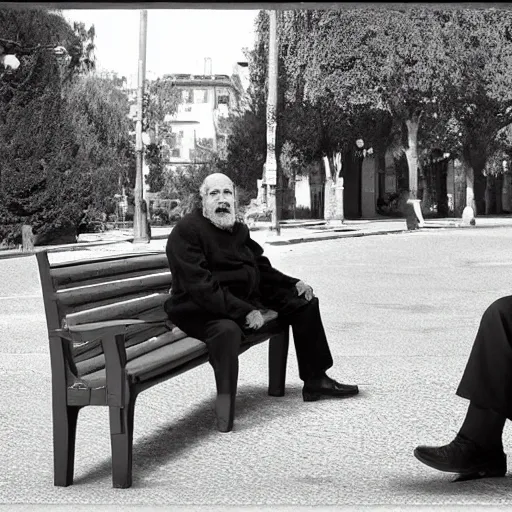 Faraway and realistic photo of 
Two elderly spanish men, one of them with a cane, sitting on a park bench. One of them has a beard and looks towards the ground, and the other one stares at the gentleman with the beard. Trippy