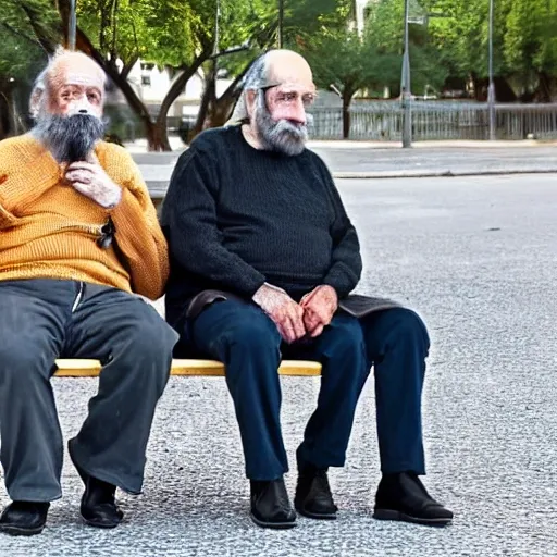 Faraway and realistic photo of 
Two elderly spanish men, one of them with a cane, sitting on a park bench. One of them has a beard and looks towards the ground, and the other one stares at the gentleman with the beard. Trippy