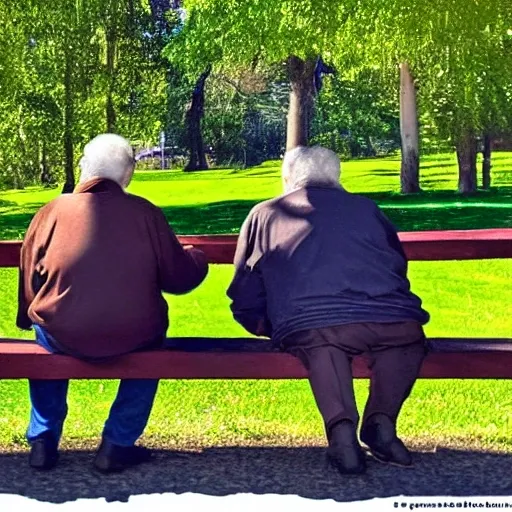 Faraway and realistic photo of 
Two elderly spanish men, one of them with a cane, sitting on a park bench. One of them has a beard and looks towards the ground, and the other one stares at the gentleman with the beard. Trippy