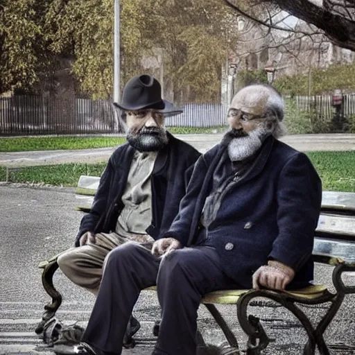 Faraway and realistic photo of 
Two elderly spanish men, one of them with a cane, sitting on a park bench. One of them has a beard and looks towards the ground, and the other one stares at the gentleman with the beard. Trippy