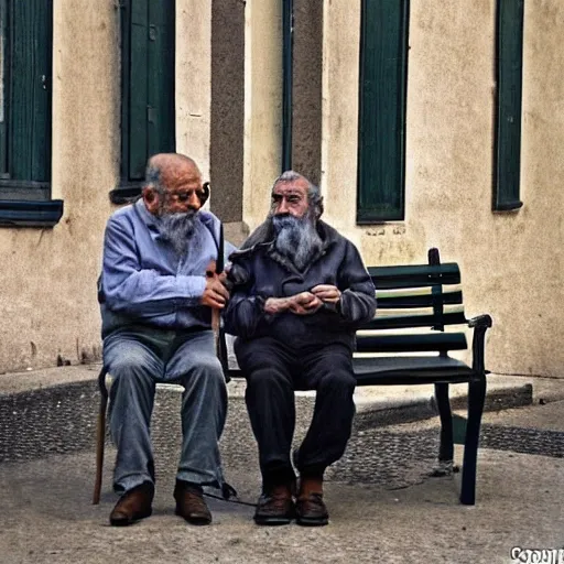 Faraway and realistic photo of 
Two elderly spanish men, one of them with a cane, sitting on a park bench. One of them has a beard and looks towards the ground, and the other one stares at the gentleman with the beard. Trippy