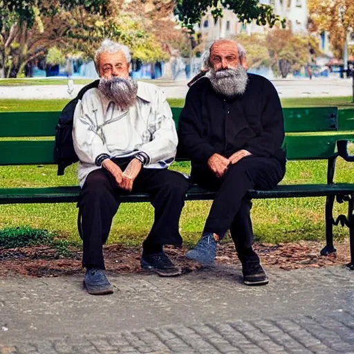 Faraway and realistic photo of 
Two elderly spanish men, one of them with a cane, sitting on a park bench. One of them has a beard and looks towards the ground, and the other one stares at the gentleman with the beard. Trippy