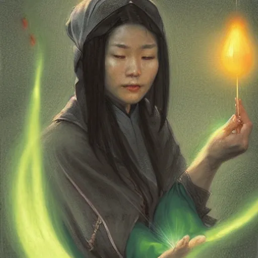 a Chinese female wizard casting a green fireball | | pencil sketch, realistic shaded, fine details, realistic shaded lighting poster by greg rutkowski, magali villeneuve, artgerm, jeremy lipkin and michael garmash and rob rey 