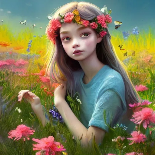 A lovely little girl lying in a field
ofrose, busts, surrounded by colorful flowers, sunlight, big sparkling eyes, long curly hair, a blue sky in the background, a warm summer day, animated movie produced by Pixarstudios, bright color, intricate illustrations, HD, digital art, complementary colors, art trends on Artstation, a peaceful and joyful scene, surrounded by colorful flowers and nature, detailed 3d animation style, detailed intricate illustrations,detailed illustrations,
HD, digital art,super detailed art, reference greg rutkowski,reference loish,complementary color, trends on artstation, Extreme art, detailed 3d art, rich detail, 3d rendering