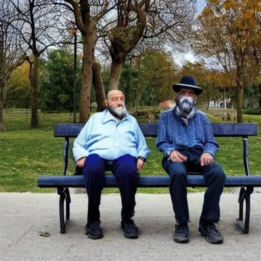 Faraway and realistic photo of 
Two elderly spanish men, one of them with a cane, sitting on a park bench. One of them has a beard and looks towards the ground, and the other one stares at the gentleman with the beard. Trippy