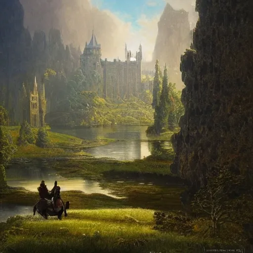 beautiful matte art of a big castle in a serene landscape, a knight riding a dragon, by albert bierstadt, green grass, highly detailed, crystal lighting, mystical, forest, hyperrealistic, 4 k, unreal engine, magical, by joe fenton, by greg rutkowski, by greg tocchini, by kaws, by kate beaton, by kaethe butcher 